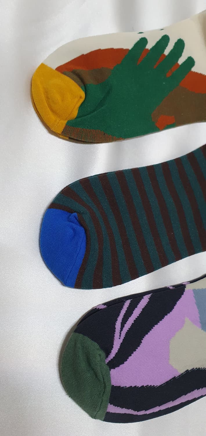 크림베이지 그린 블루 스트라이프 추상 Bonne Maison 본메종 양말 상품이미지2