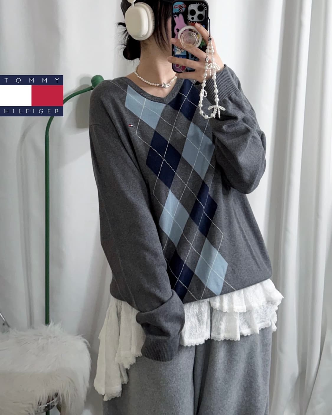 타미힐피거 그레이 & 블루 오버핏 아가일 니트 상품이미지1