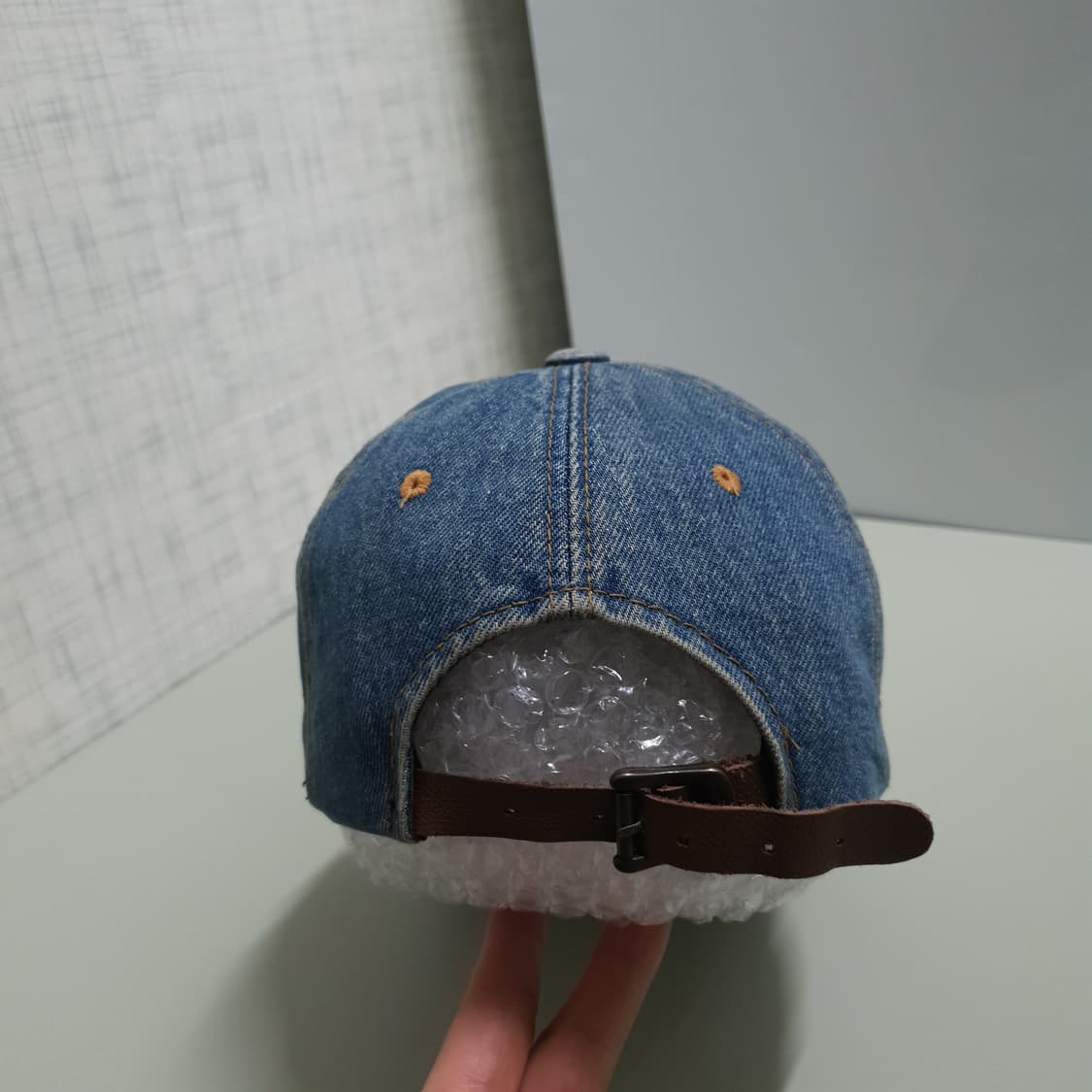본더치 그런지 데님 중청 워싱 레더 스트랩 볼캡 모자 Y2K 상품이미지4