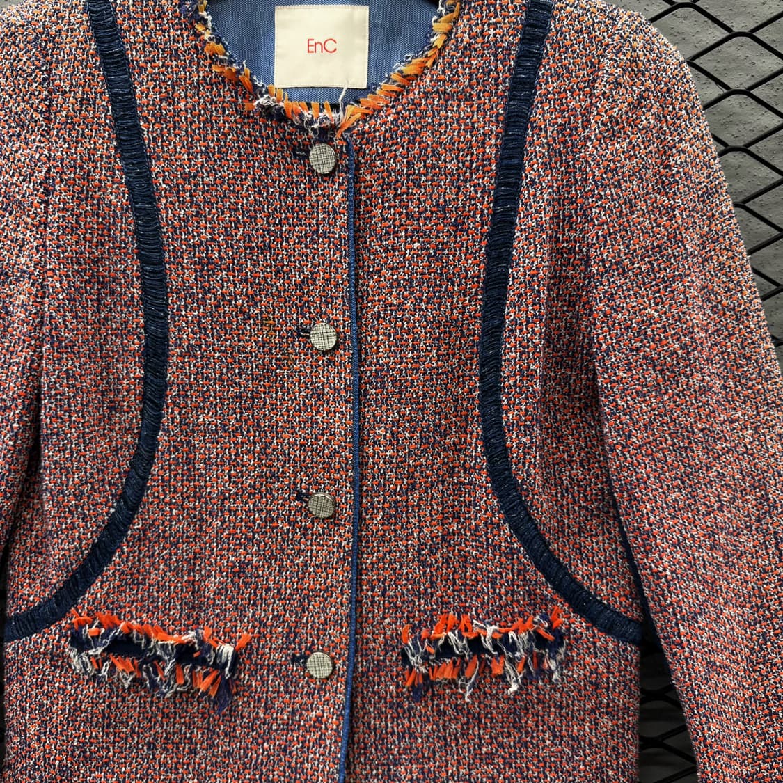 JPN VINTAGE 멀티톤 트위드자켓 네이비 테이핑 라인 프린지 디테일 상품이미지6