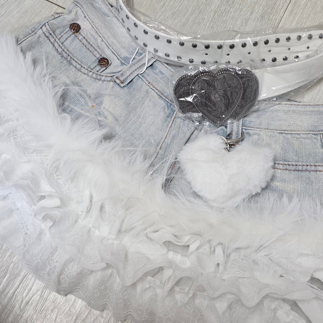 새상품) y2k 일본 갸루걸 레이스 퍼 데님 스커트 세트 상품이미지4