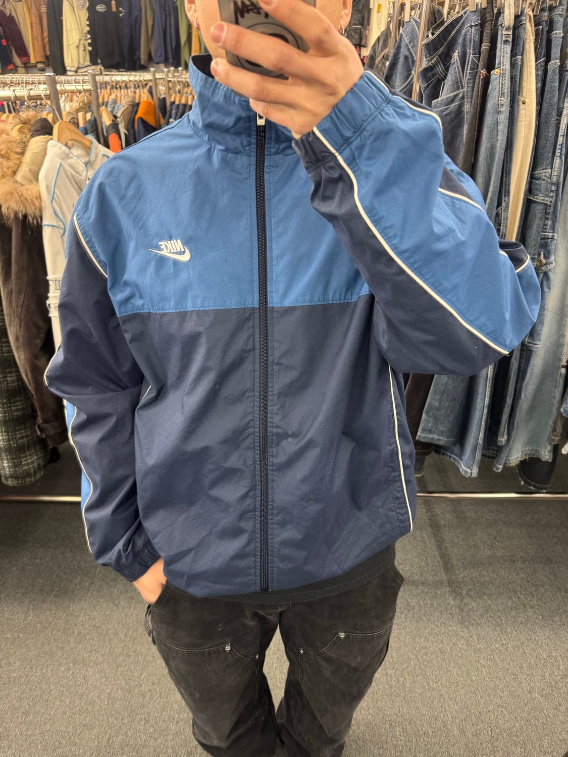 XL)나이키 빈티지 올드스쿨 블루/네이비 배색 바람막이 트랙자켓 상품이미지1