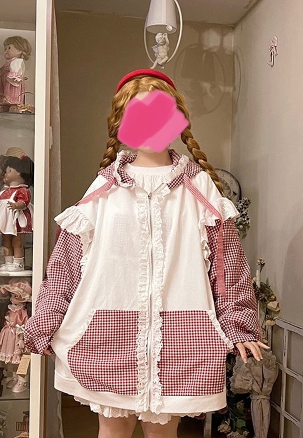 프릴 레이스 깅엄 체크 후드집업 양산형 지뢰계 로리타 하라주쿠 상품이미지1