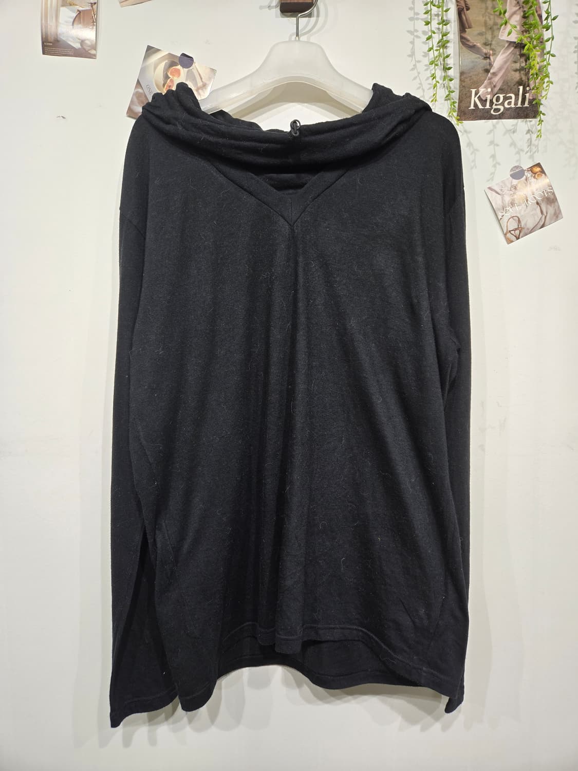 고무 블랙 브이넥 후드 긴팔 티셔츠 요지 야마모토 상품이미지3