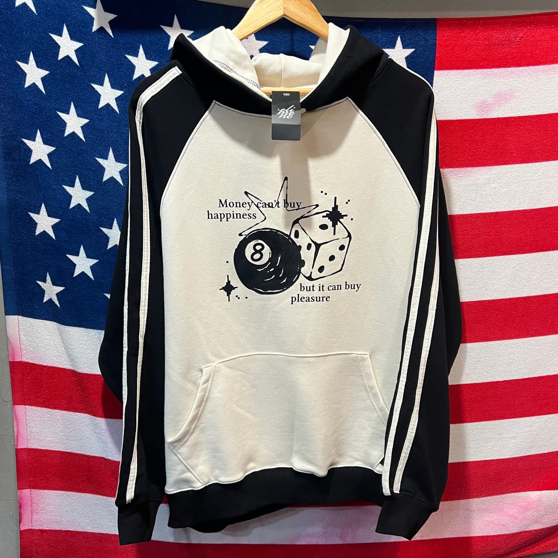 배색 포인크 프린팅 후드티 상품이미지1