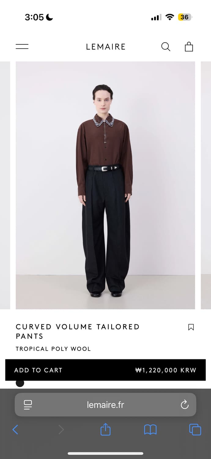 르메르 24FW 커브드 볼륨 테일러드 팬츠 캐비어 40 상품이미지4