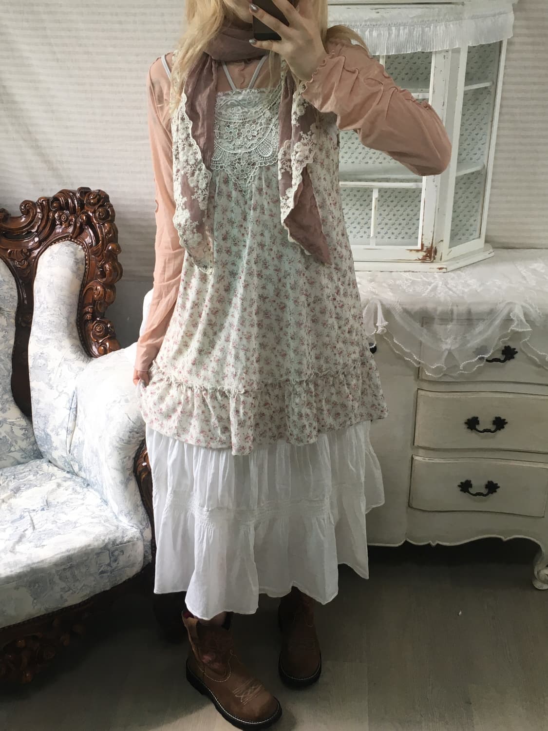 Set)잔꽃 하구미 원피스+홀터 레이스 나시+코랄블라우스 +레이스머플러 상품이미지4