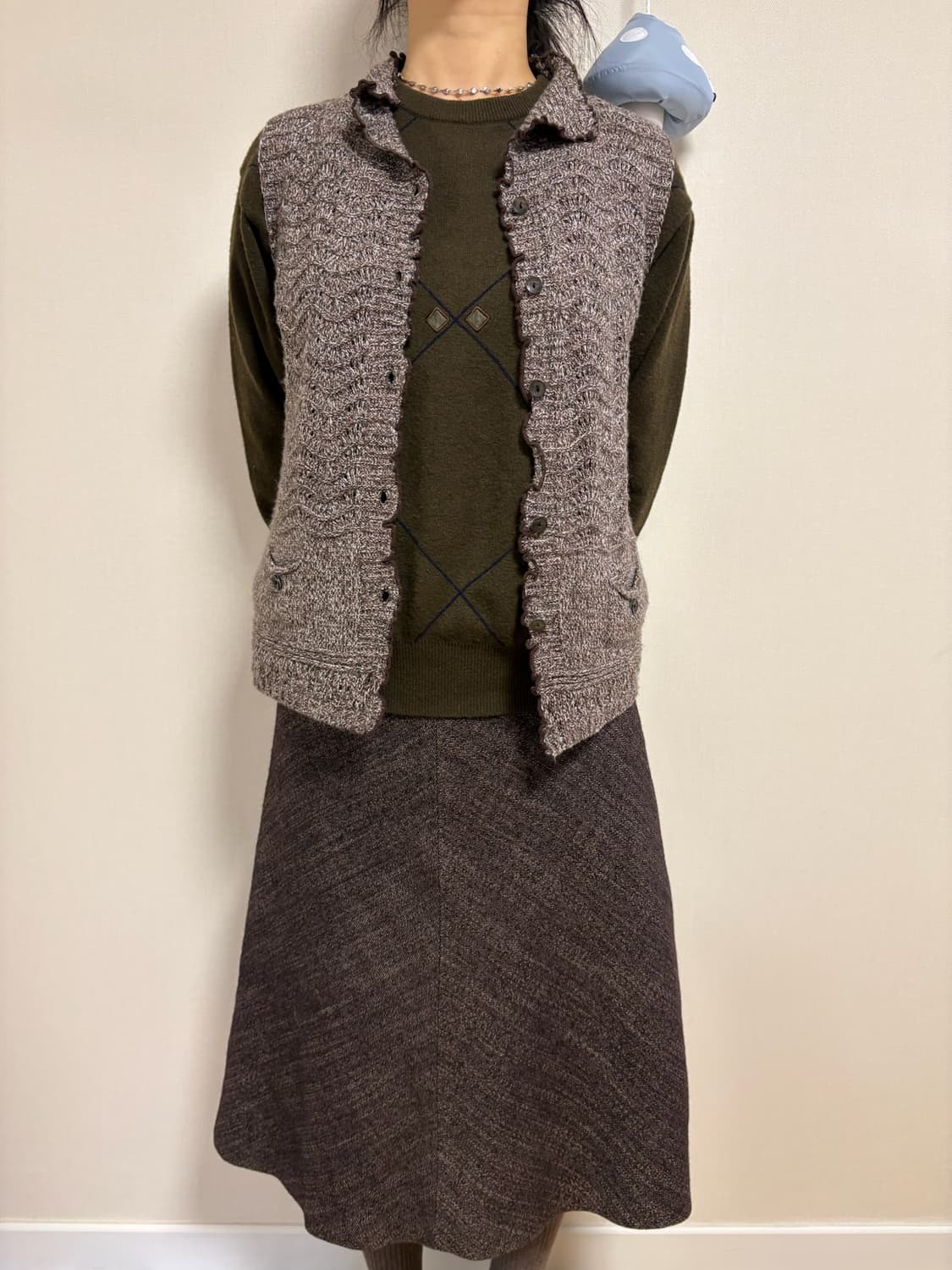 카키 포인트 아가일 긴팔 니트 상품이미지2