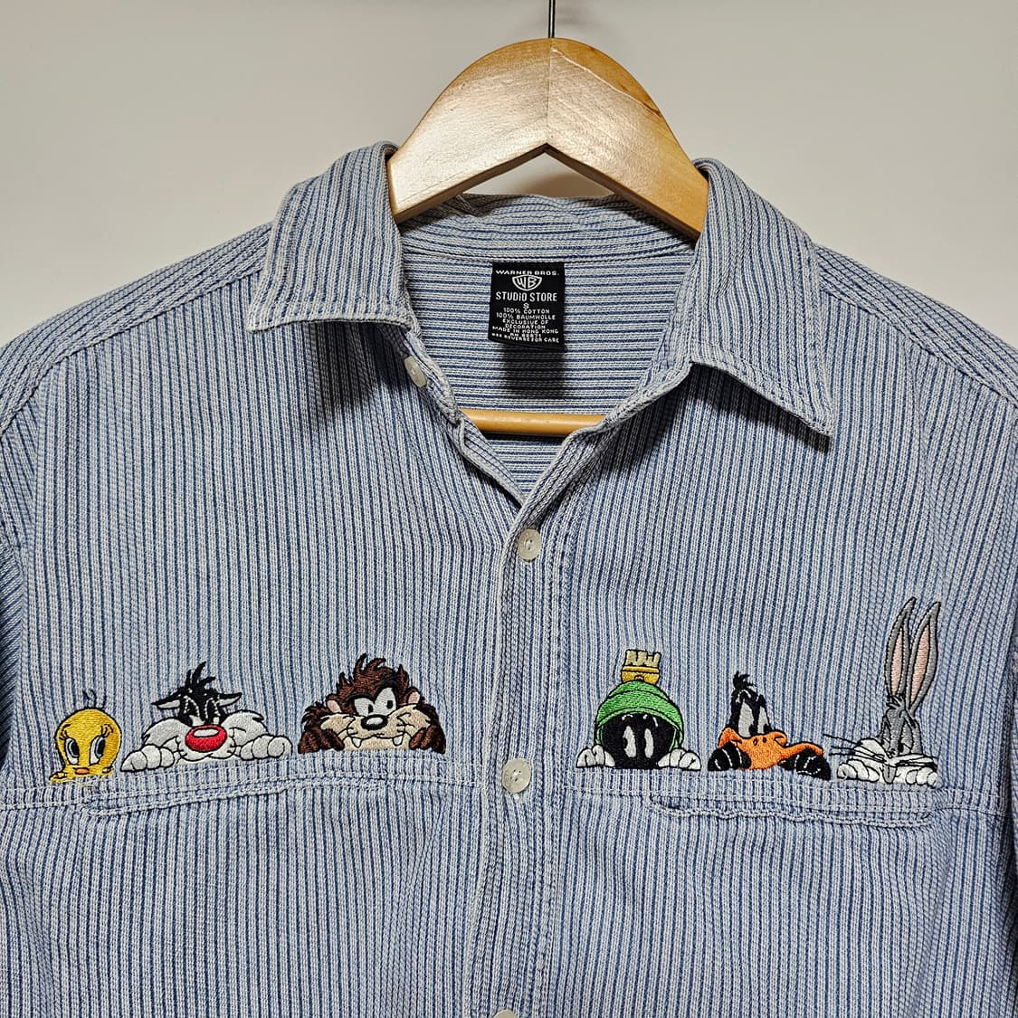 90's 워너브로스 루니툰즈 스트라이프 워크 셔츠 S사이즈 상품이미지3