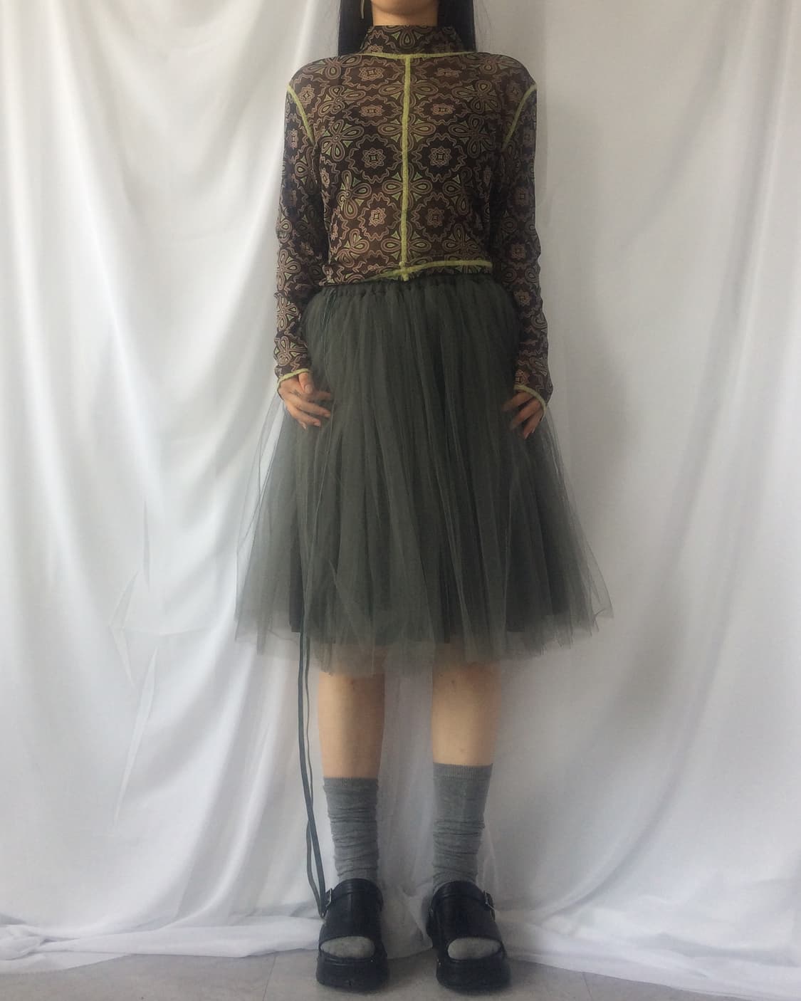 Pattern point high neck mesh sleeve 상품이미지7