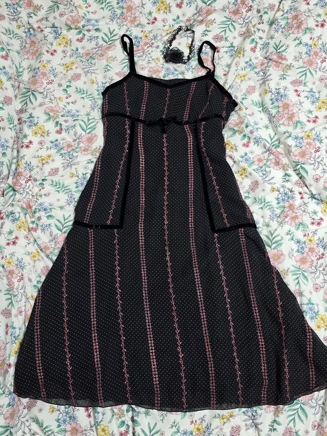 일본빈티지)블랙x핑크 레이스리본 도트 오네갸루 y2k슬리브리스롱원피스 상품이미지4