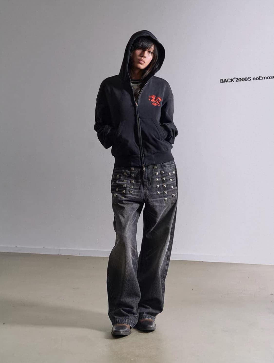 Black Studded Washed Loose Jeans 상품이미지5