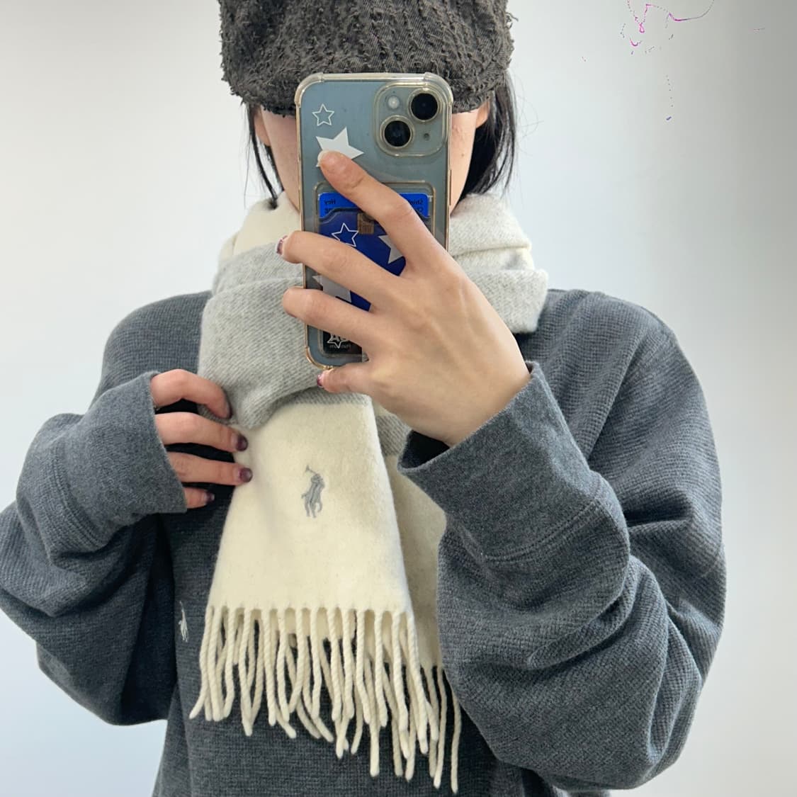 Polo 폴로 그레이 아이보리 배색 목도리  상품이미지1