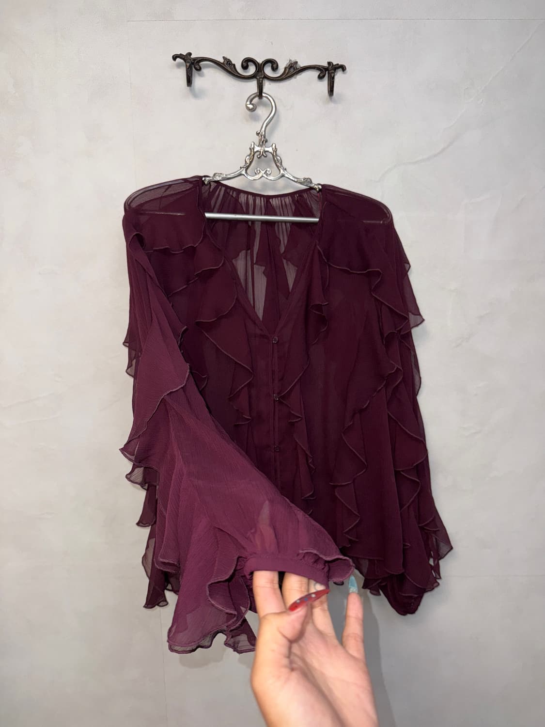 Burgundy fairy ruffle chiffon blouse 상품이미지4