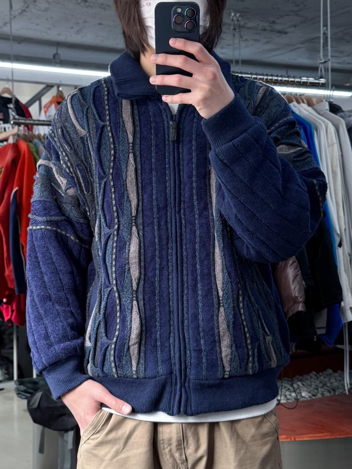 질 집 쓰리디 케이블 울 니트 집업 블루종 상품이미지1