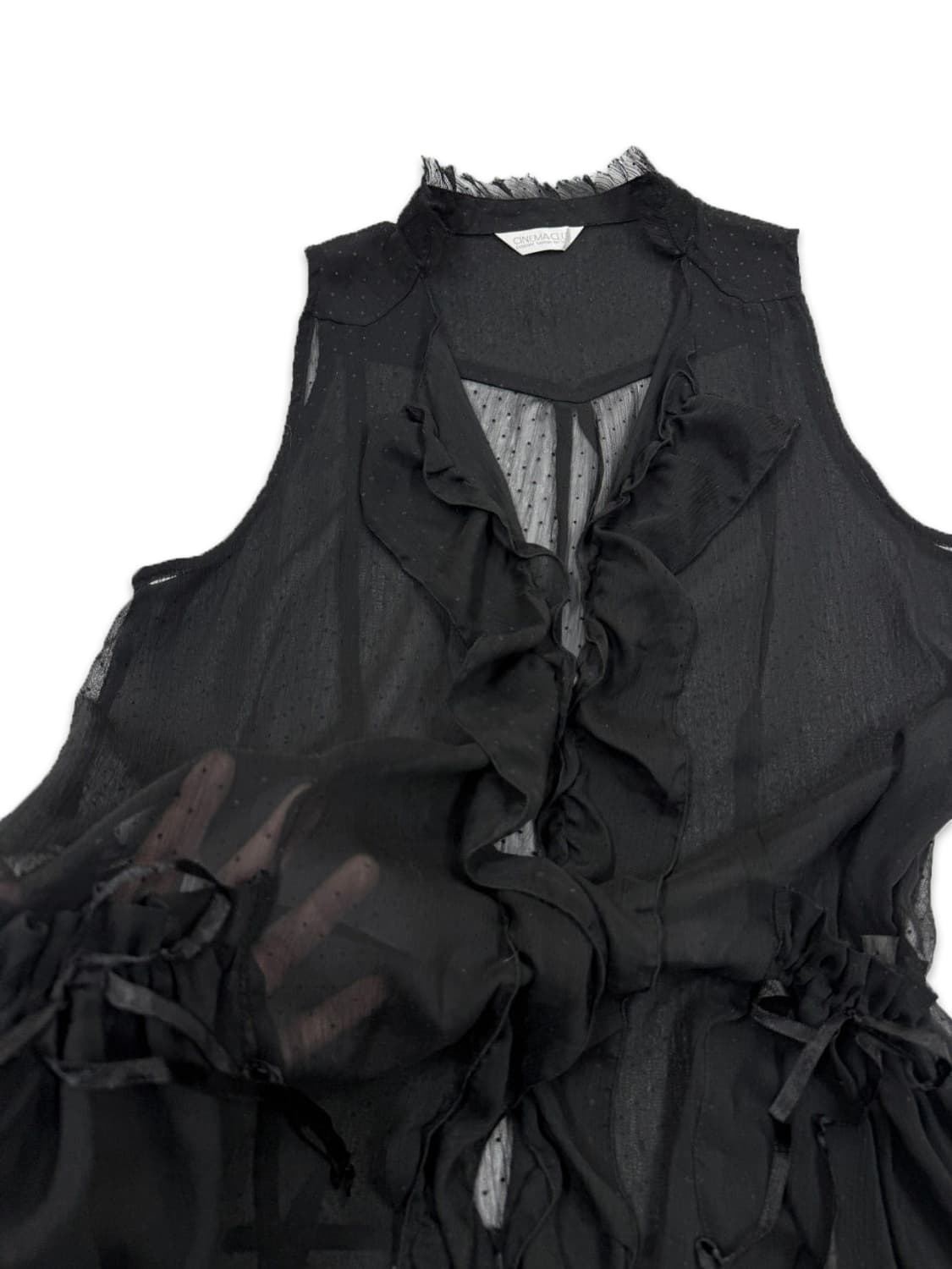 빈티지 블랙 도트 시스루 리본포켓 원피스 슬리브리스 상품이미지4