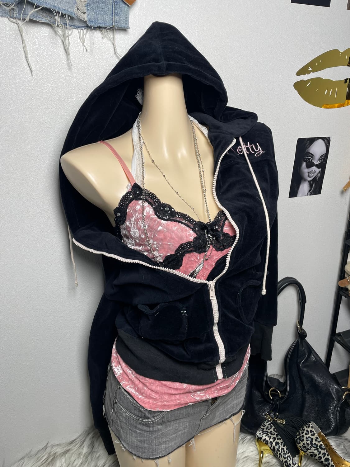 갸루 러블리 블랙 핑크 벨벳 후드집업 상품이미지1