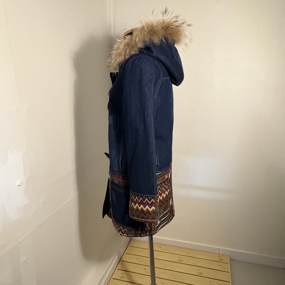 여성 빈티지 보헤미안 모리 패치 자수 Y2k 퍼 데님 더플 코트 상품이미지2