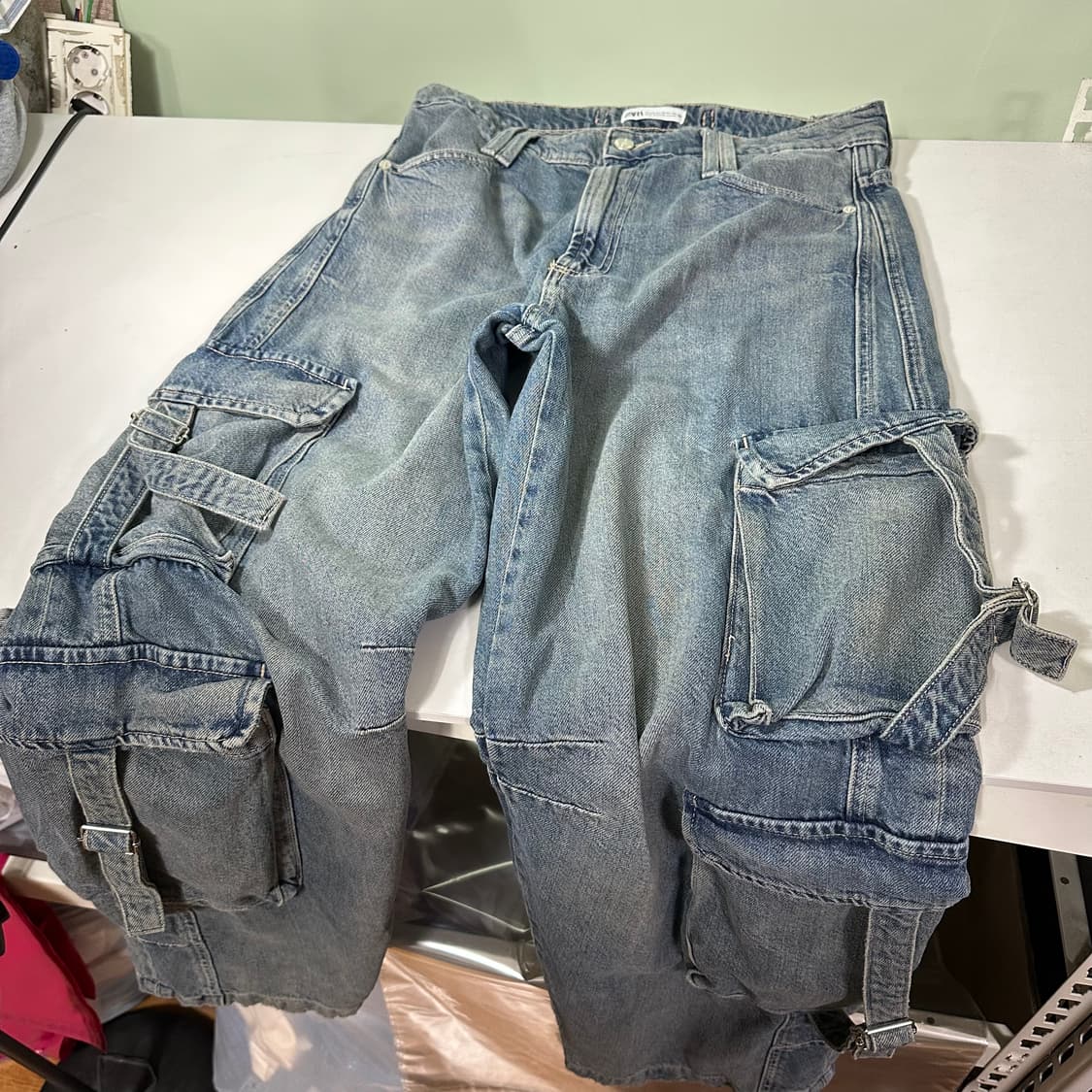 L-XL 자라 맨 빈티지워시드 와이드핏 카고 버클 데님팬츠 상품이미지3