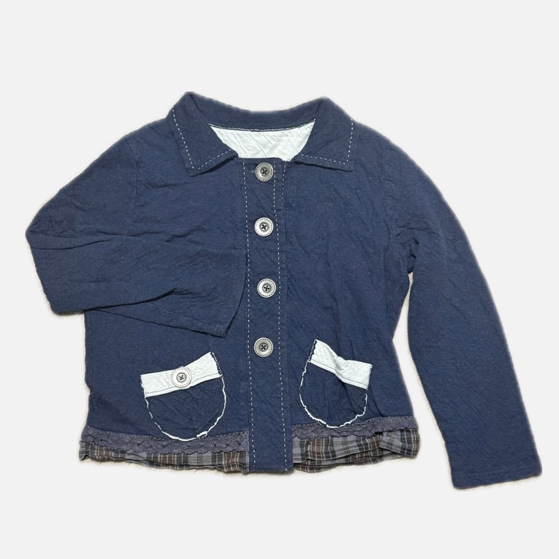 빈티지 네이비 단추 포인트 체크 자켓 상품이미지1