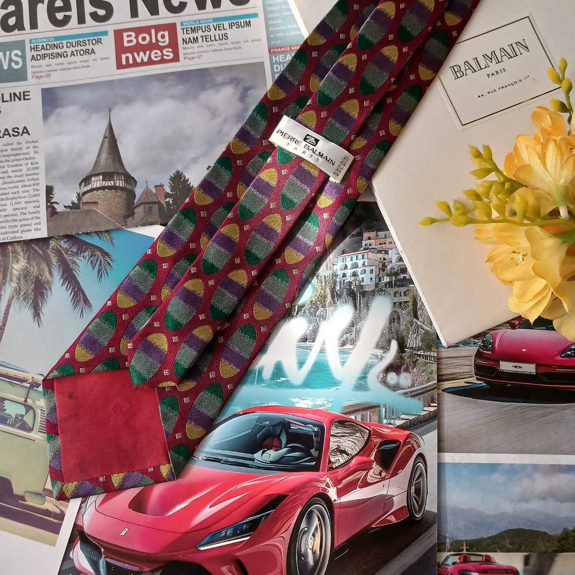 발망 실크 와인 컬러 기하 패턴 넥타이 9.6cm A등급 A19286
 상품이미지5