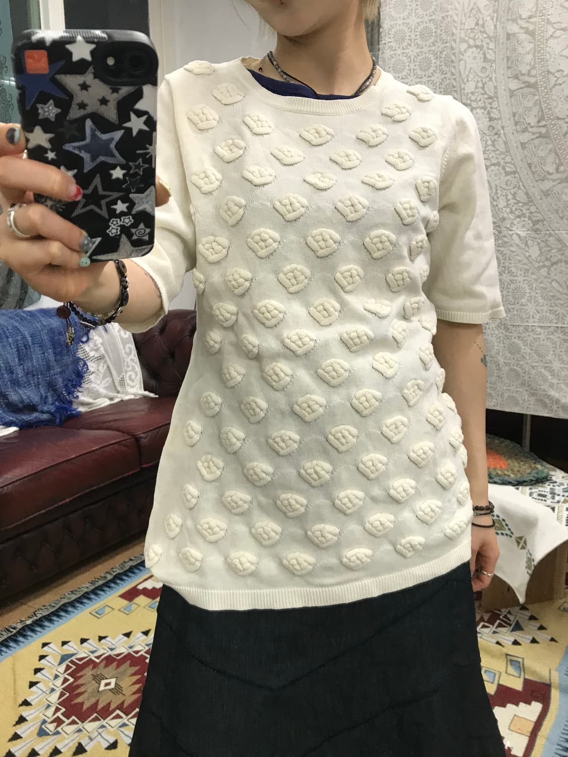 빈티지 여성 플라워 디테일 반팔 니트 상품이미지1