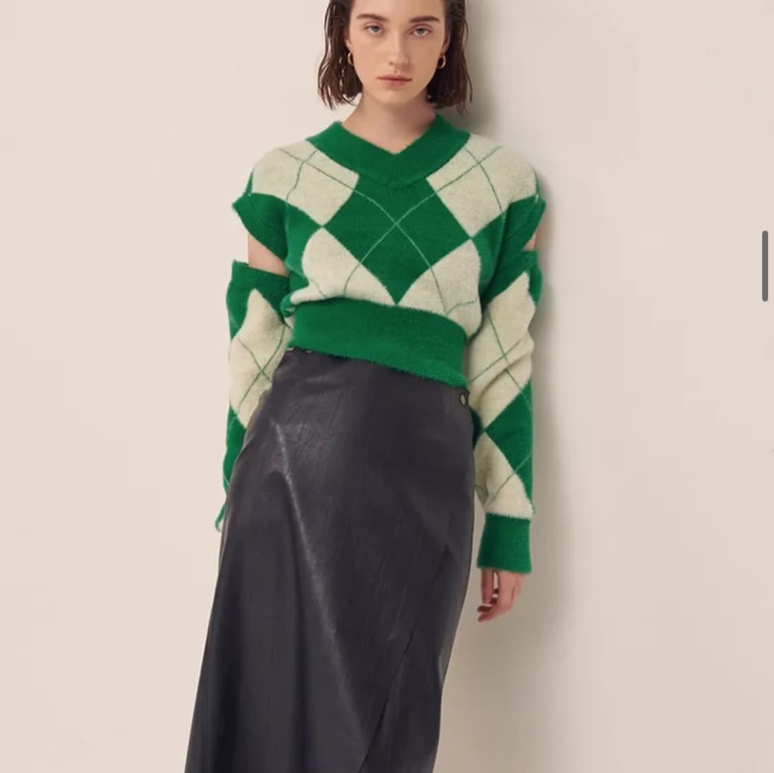 센토르 플루피 아가일 슬리브 컷 니트 탑 [그린] 상품이미지2