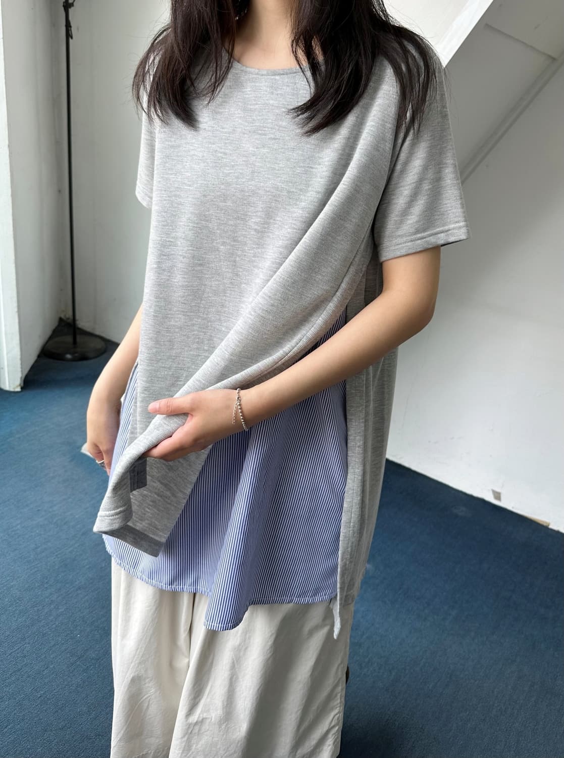 Stretched fabric fake layered long top 상품이미지9