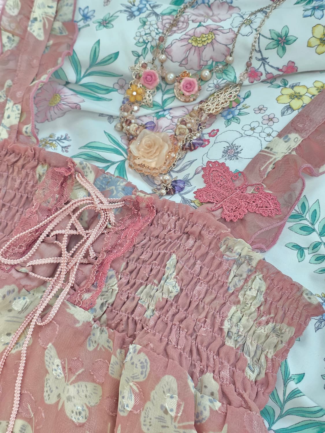 엑시즈팜 일본빈티지)버터플라이 로즈핑크 캉캉패치워크 슬리브리스원피스롱치마 상품이미지2