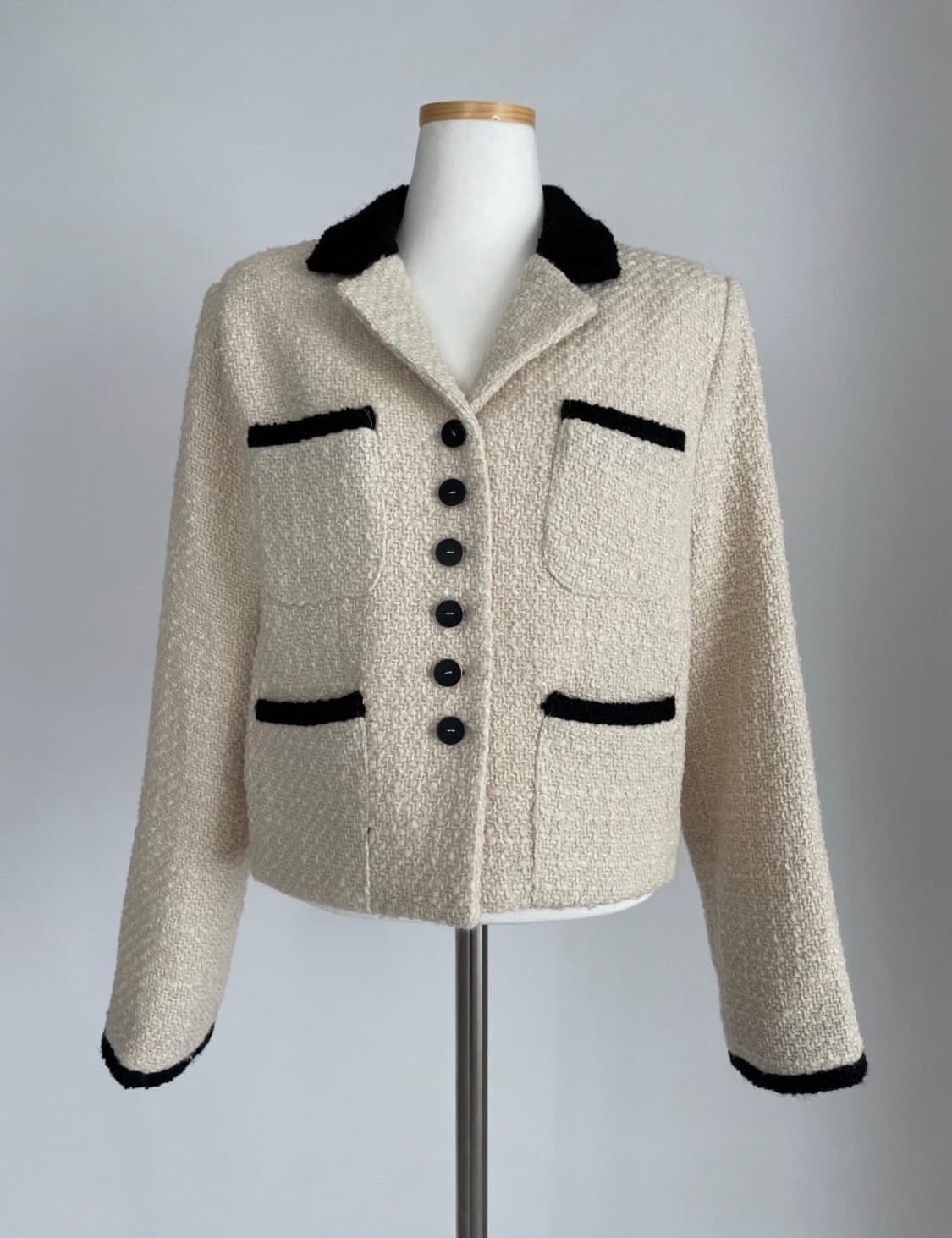 새상품) 트위드 배색 자켓 아이보리 블랙 상품이미지1