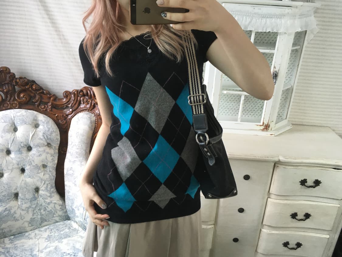 Set)아가일 니트 + 레이스 나시 상품이미지2