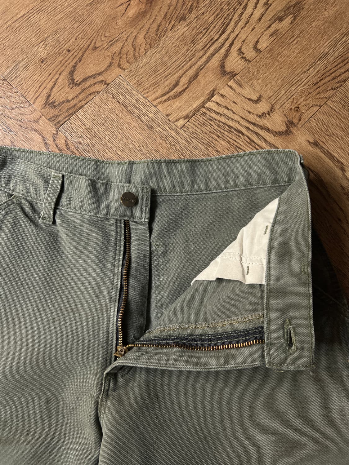 [31]칼하트 USA 더티 데미지드 모스그린 싱글니 카펜터 워크 팬츠 상품이미지3