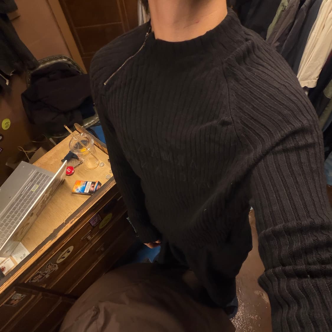 Armani exchange 넥 사이드 리리 집업 니트 블랙 상품이미지5