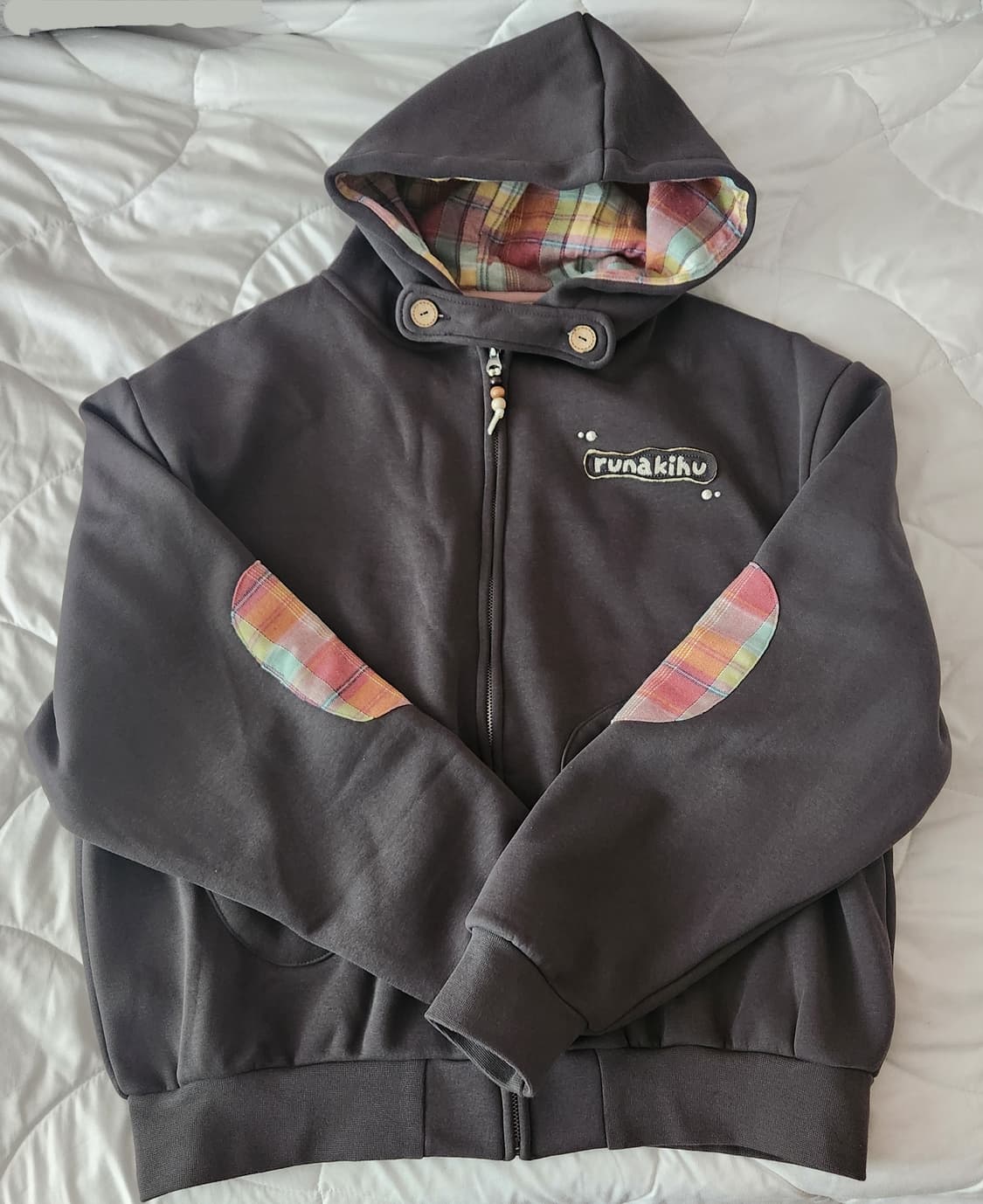 루나키후 체크 배색 후드집업 상품이미지2