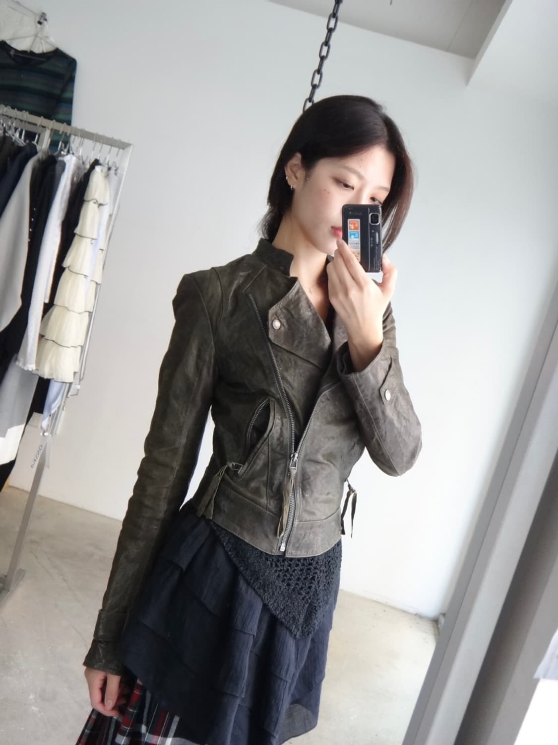 GUESS olive green short leather jacket 상품이미지5