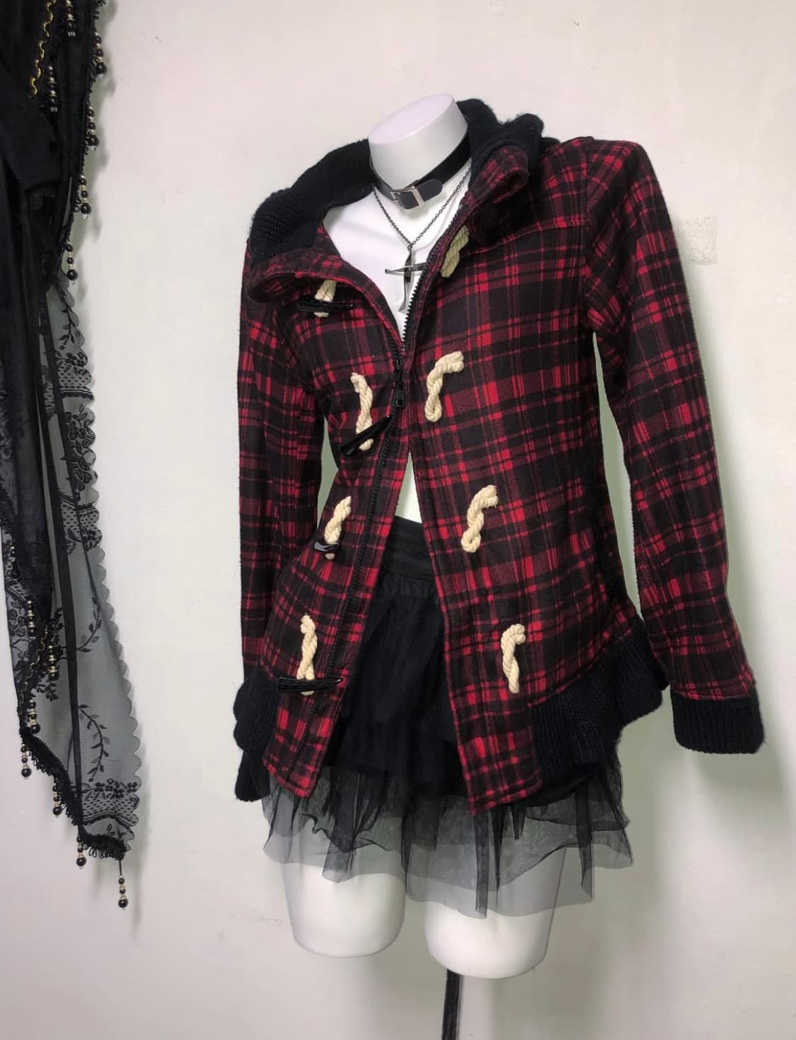 하이넥 레드 타탄체크 나나펑크 떡볶이 투웨이 집업 00s 상품이미지6