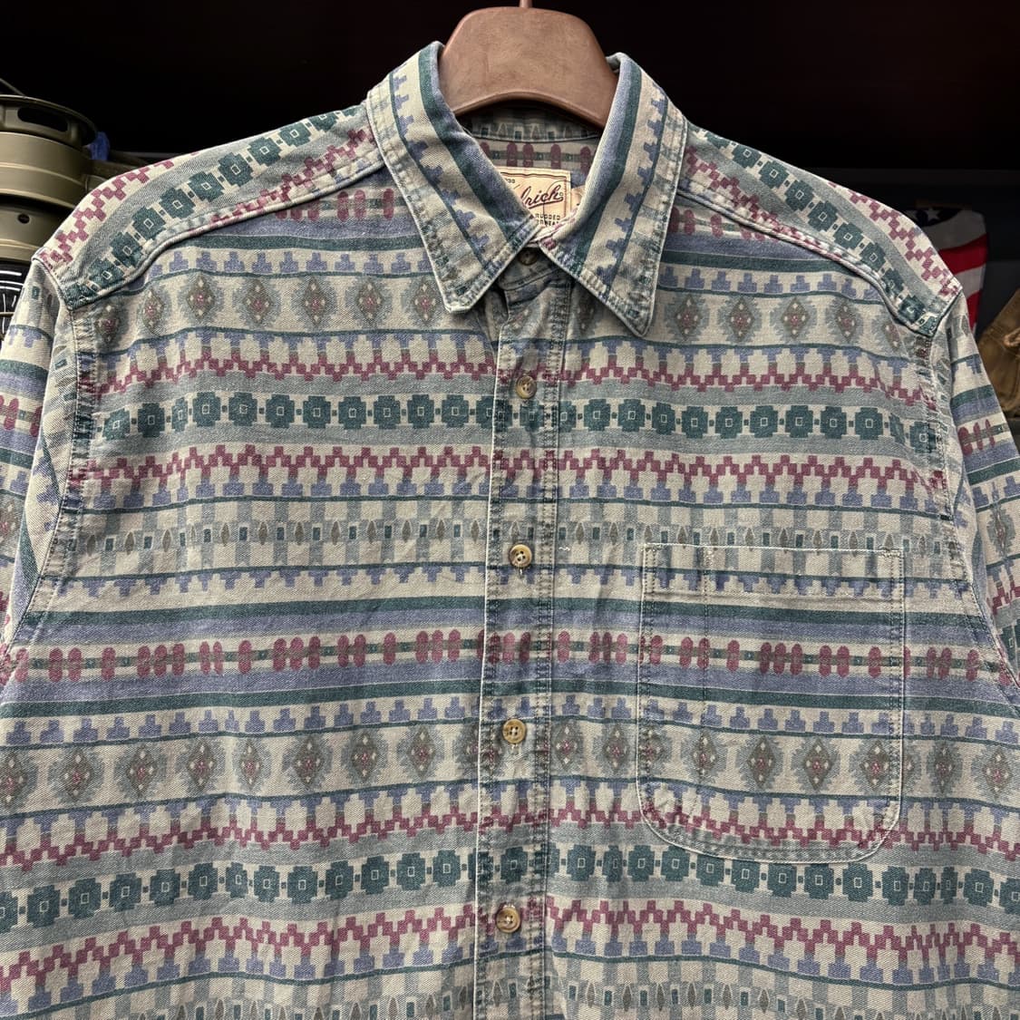 90s 울리치 러기드 올오버 아즈텍 패턴 그래픽 펜포켓 워크셔츠 N578 상품이미지3