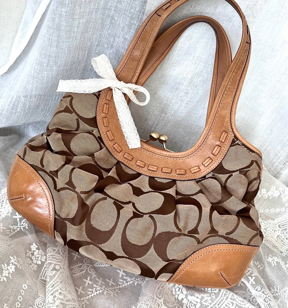 90s coach 카라멜 브라운 시그니처 자카드 레더 호보백 숄더백 상품이미지1