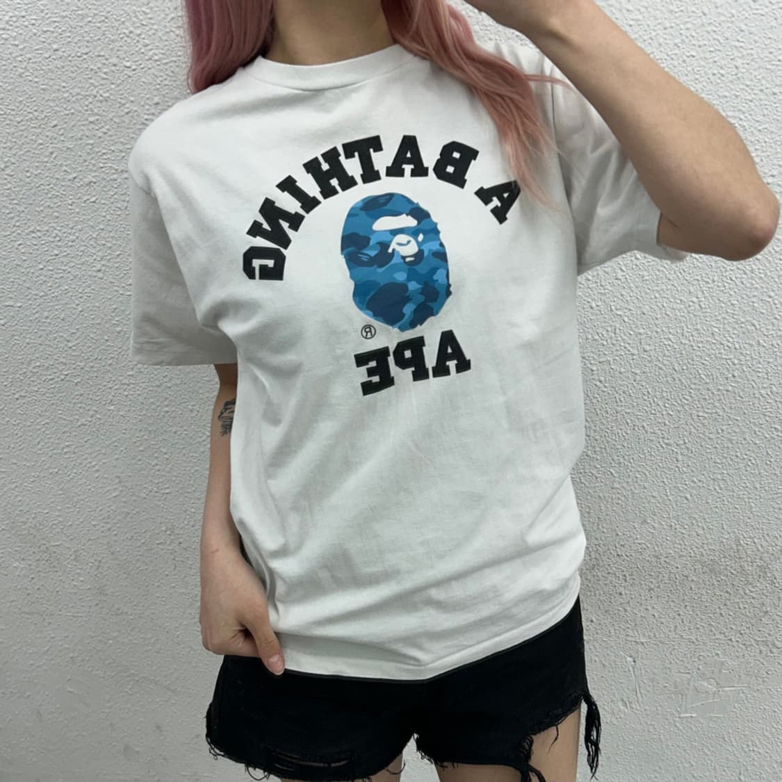 베이프 블루 사루 프린팅 화이트 반팔 M 상품이미지1