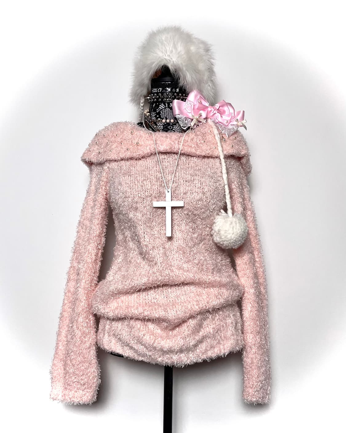 PENDORA 펜도라 리본 핑크 진주 펄 오프숄더 니트 상품이미지1