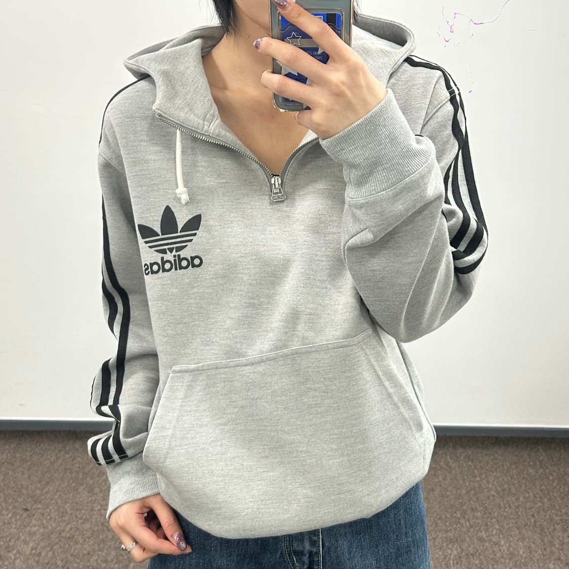 Adidas 아디다스 파이어로고 그레이 반집업 후드티 상품이미지2