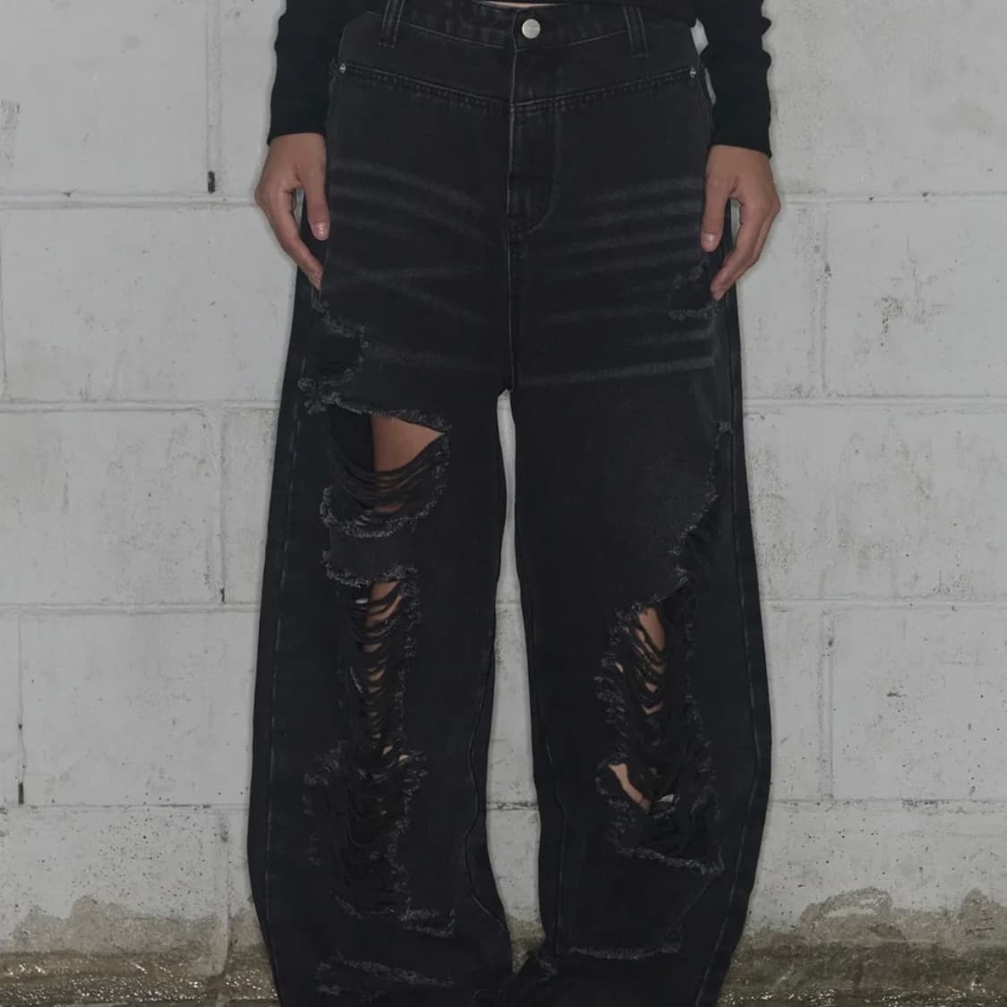 팬시클럽 워시드 데미지 데님 팬츠 (BLACK) size1 상품이미지2