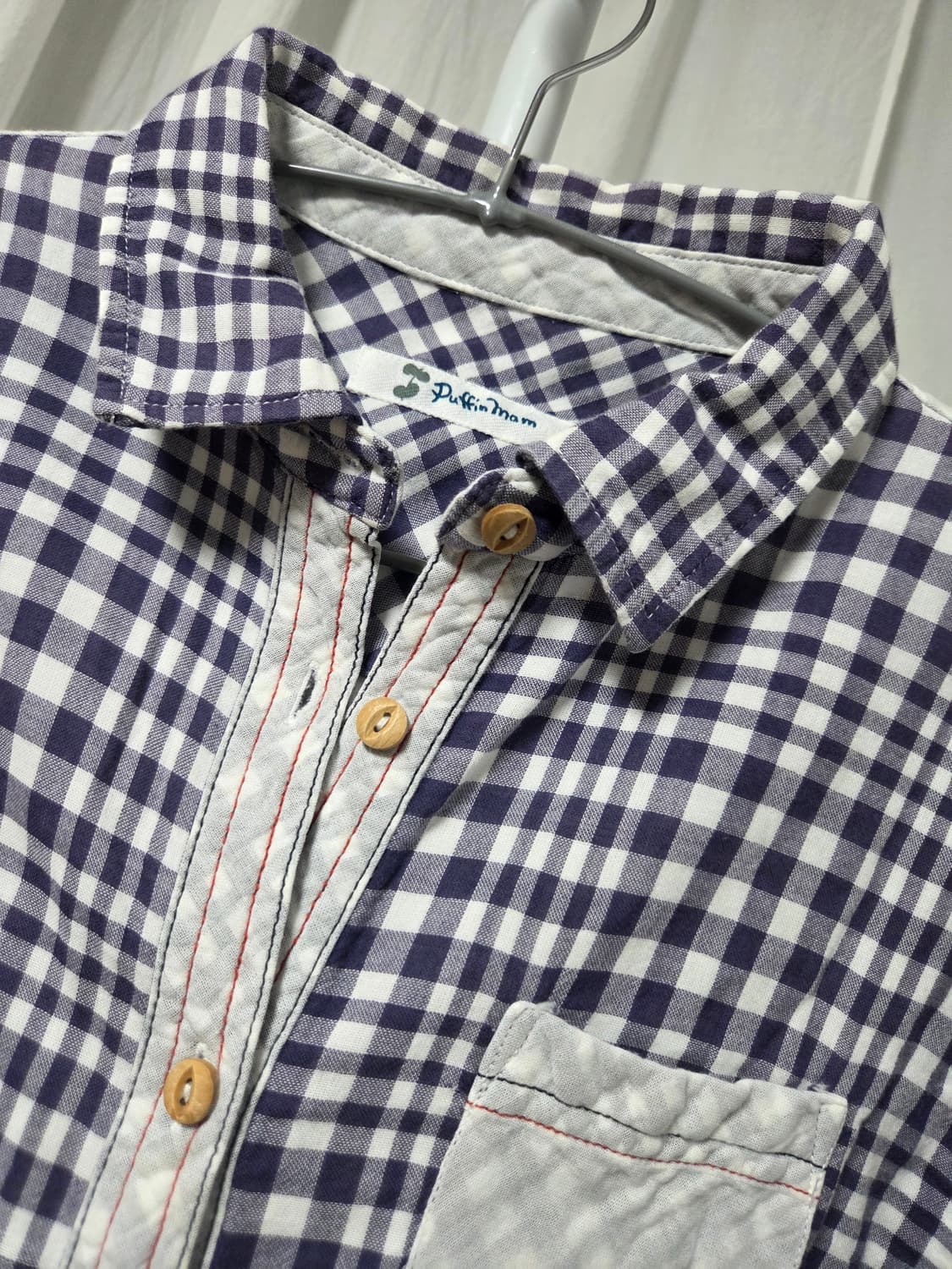 거즈 코튼 고양이 자수 깅엄체크 셔츠 상품이미지3