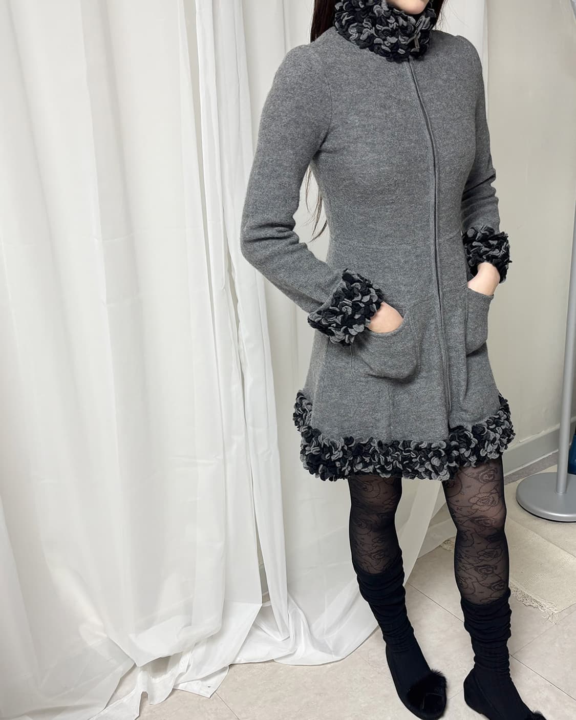 EMPORIO ARMANI 모노 페탈 텍스처 울 집업 코트 상품이미지9