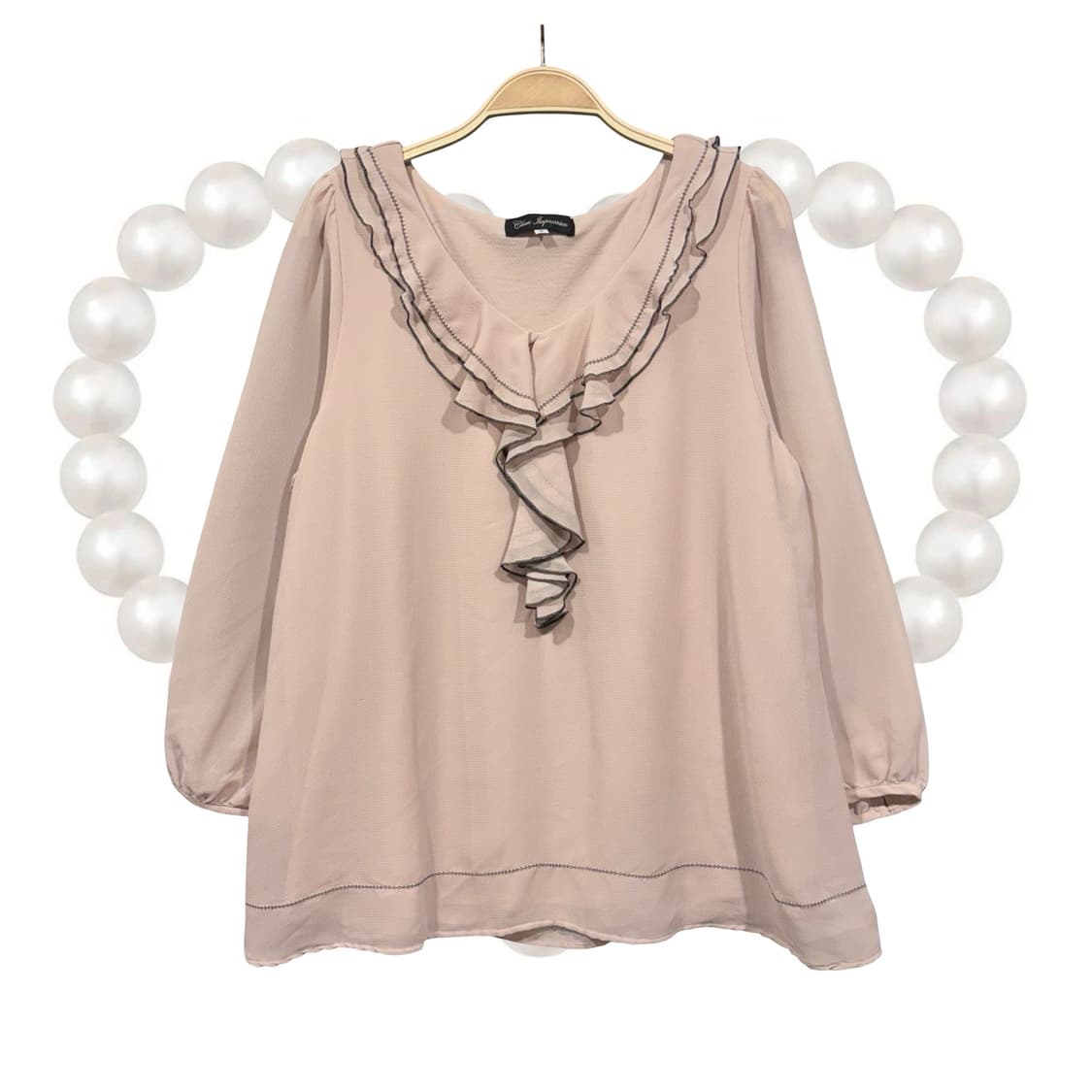 일본 빈티지 핑크 베이지 프릴 러플 블라우스 상품이미지1