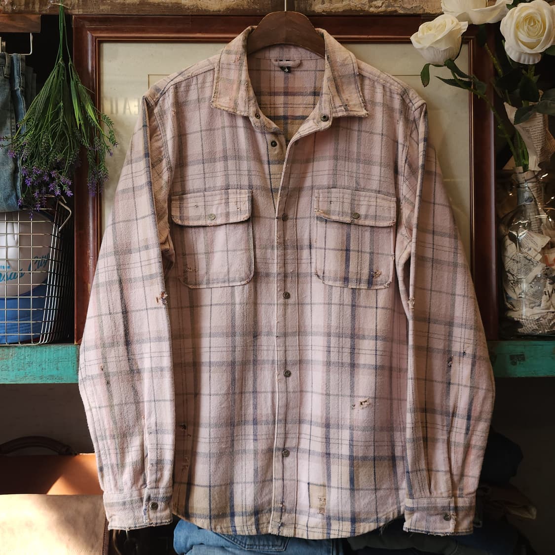 90s 빈티지 체크셔츠 헤비 플란넬 워크셔츠 썬페이딩 핑크 L 상품이미지1
