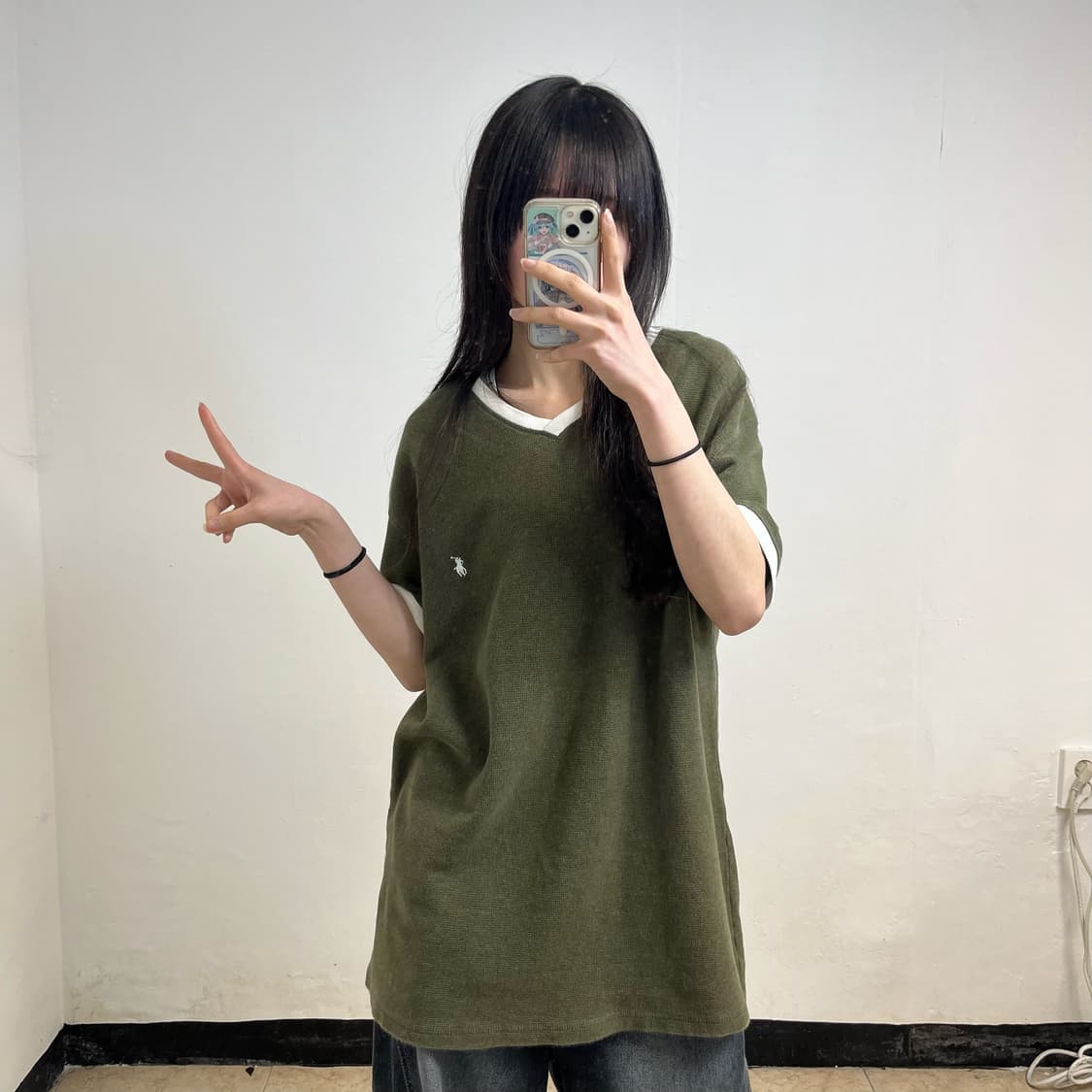 Polo khaki V-neck waffle knit tee 상품이미지2