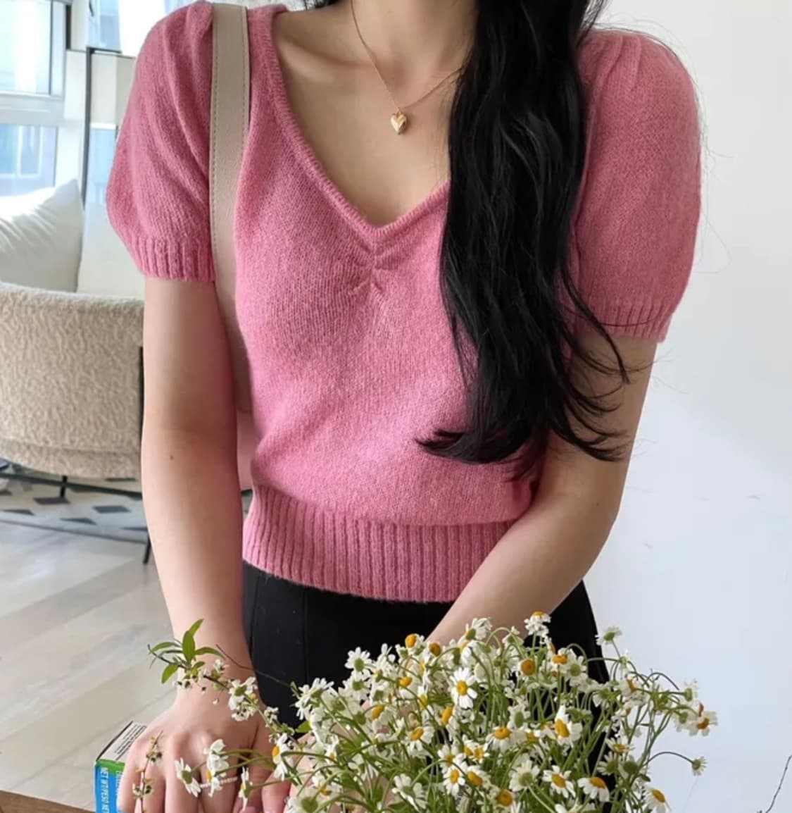 핑크 셔링 반팔 니트 👚 상품이미지1