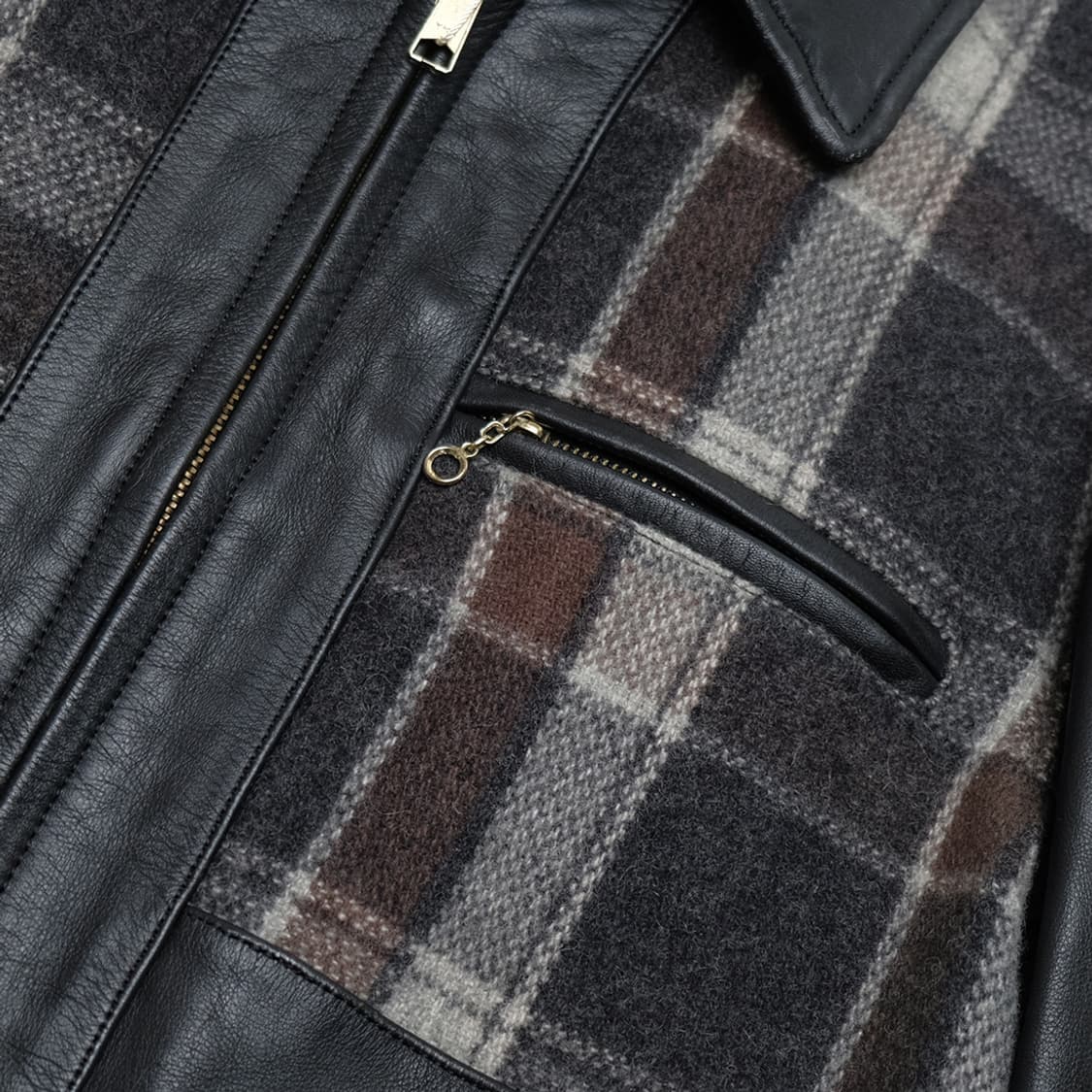 40s wool plaid combi cowhide jacket 상품이미지5