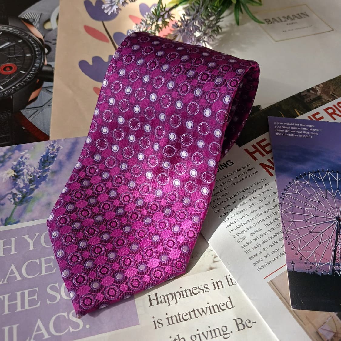 피에르 발망 실크 퍼플 기하 패턴 넥타이 9.3cm A+등급 A19703 상품이미지4
